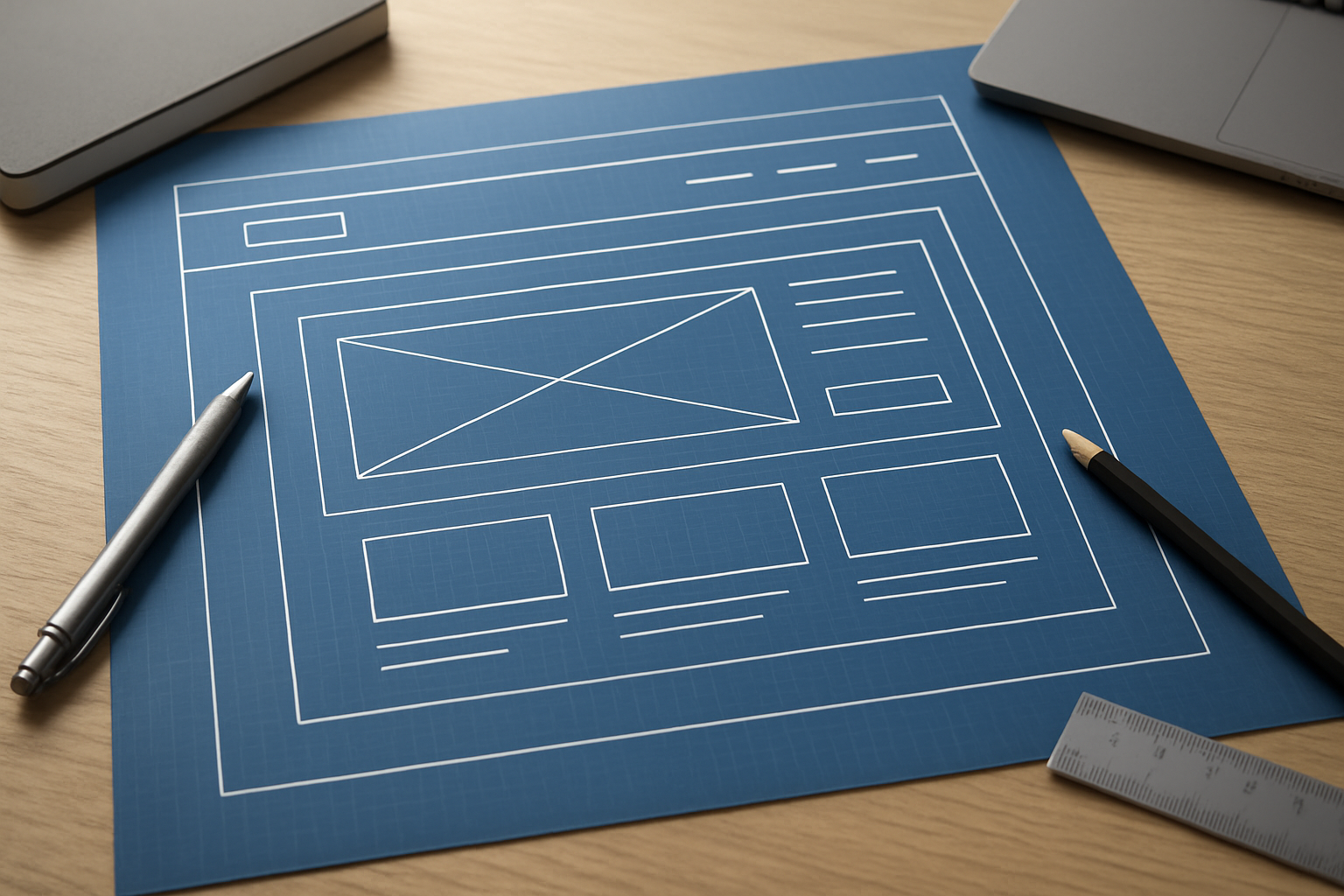 A blueprint layout of a website design on a wooden surface with a pen and ruler.
